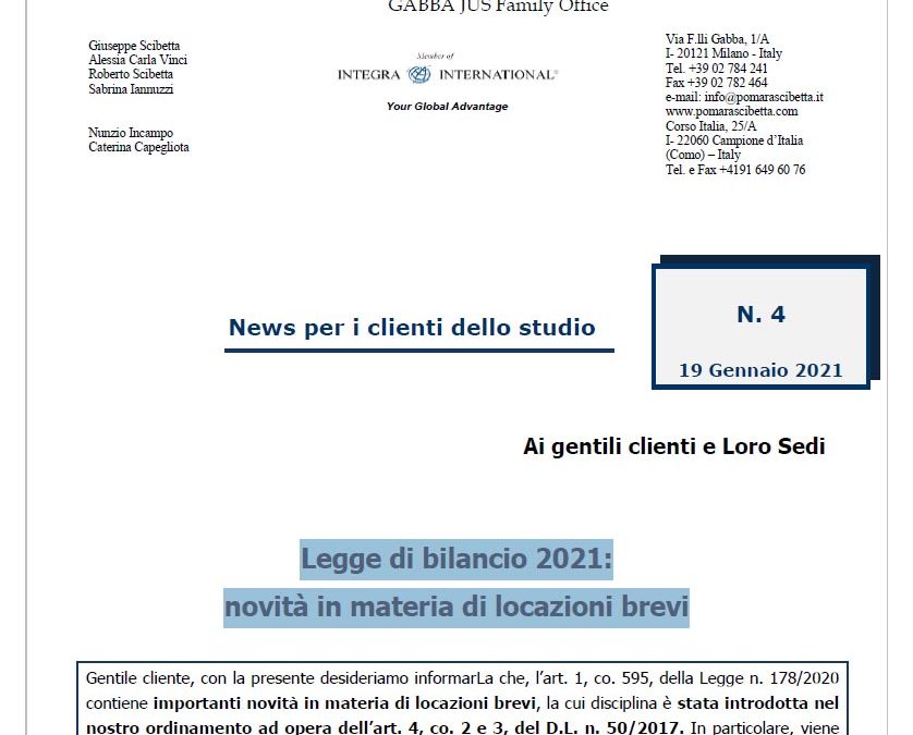 Legge di bilancio 2021: novità in materia di locazioni brevi